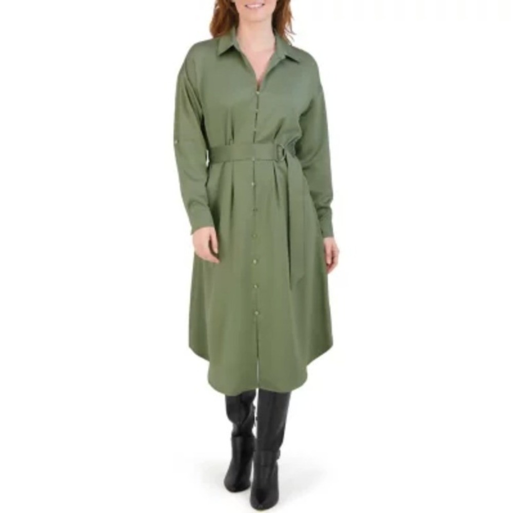 NEW French Connection Size‎ XXL Long Sleeve Shirt Dress Belted Olive Green 2XL